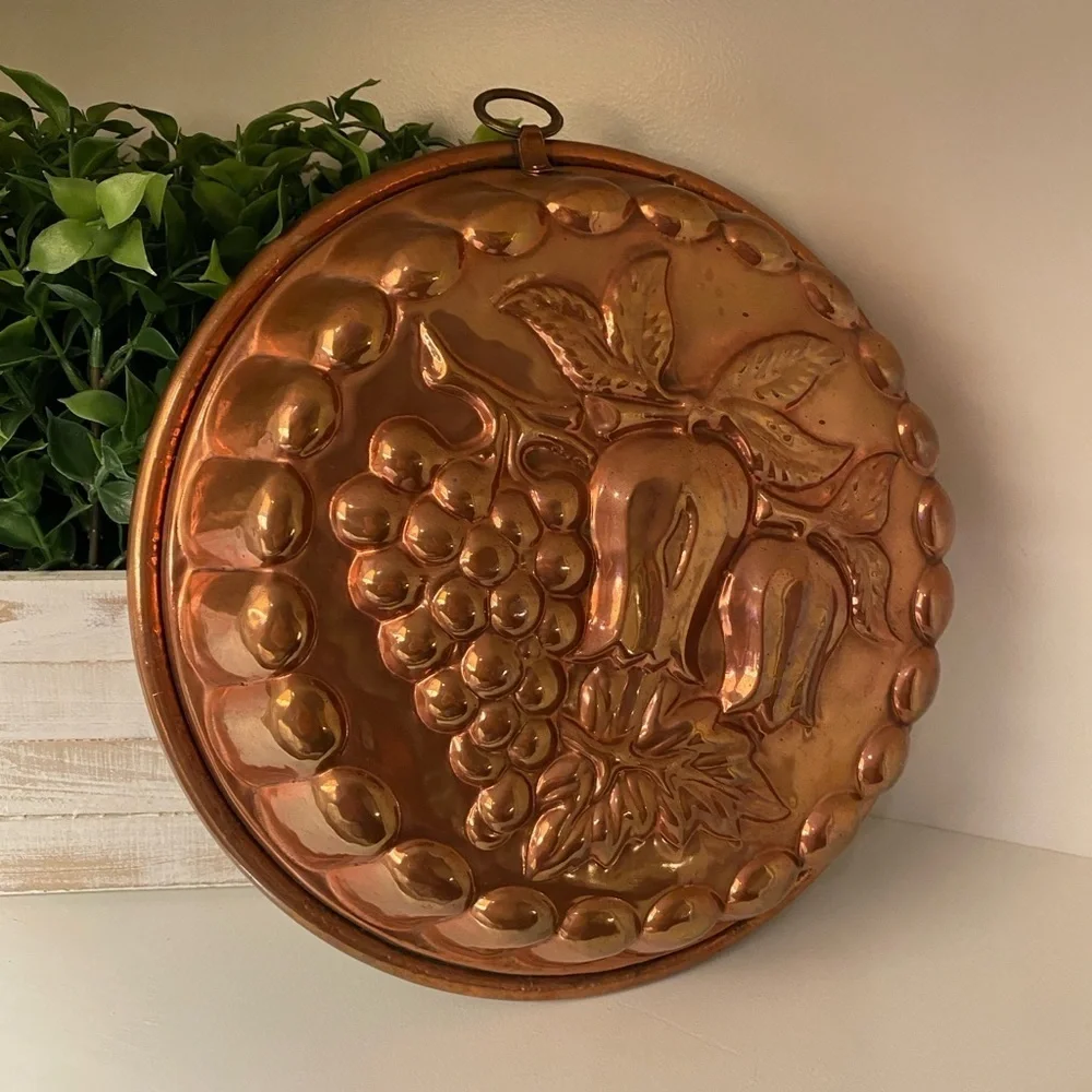 Copper Large Cake Jello Mold Tulip Flowers Grapes Tin Lined - w/Hook   Vintage